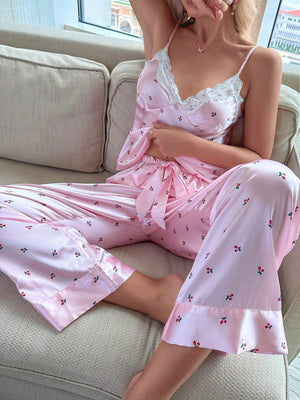 Floral Print Lace Trim Satin Cami Top & Pants PJ Set - Negative Apparel