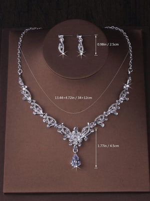 Floral Rhinestone Water Drop Shape Necklace And Earrings Set - Negative Apparel