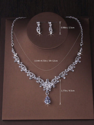 Floral Rhinestone Water Drop Shape Necklace And Earrings Set - Negative Apparel