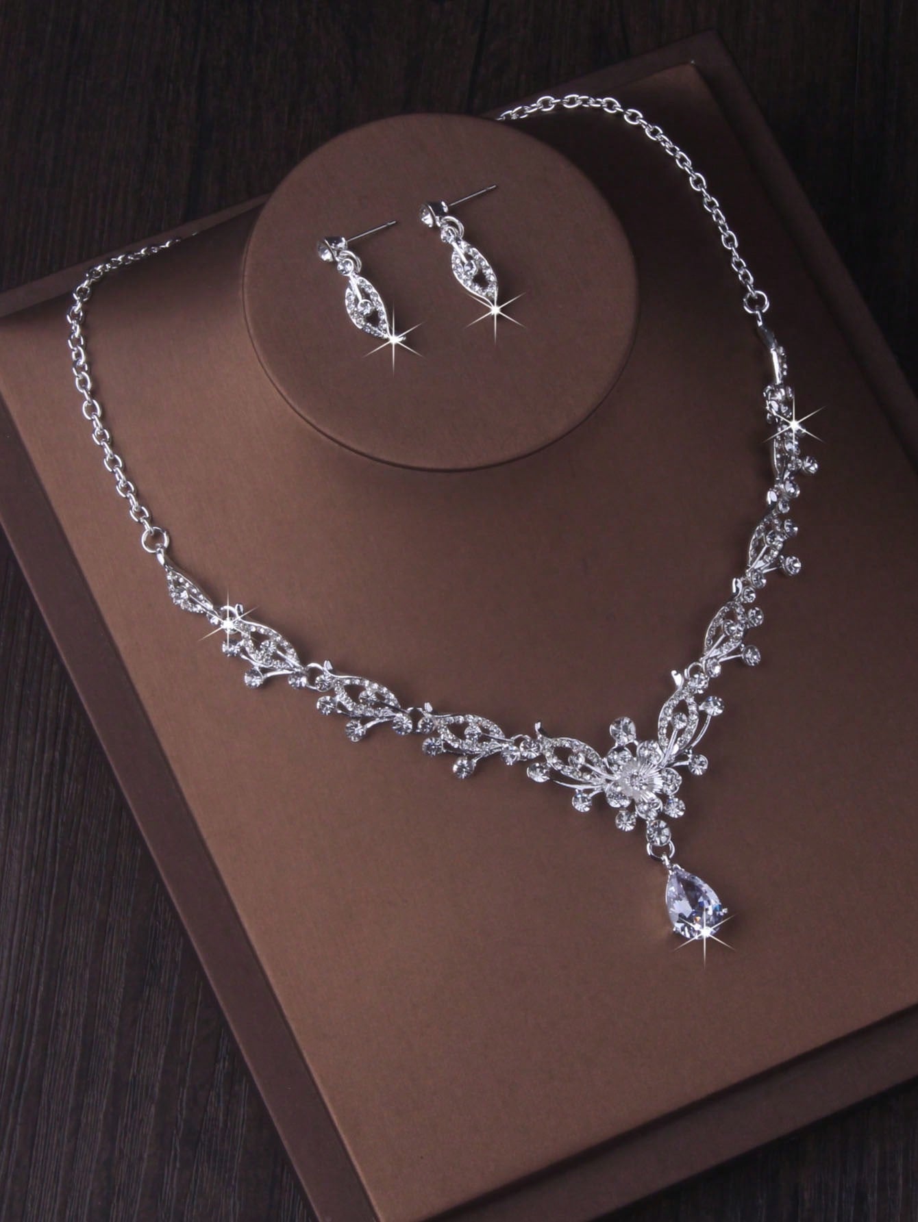 Floral Rhinestone Water Drop Shape Necklace And Earrings Set - Negative Apparel