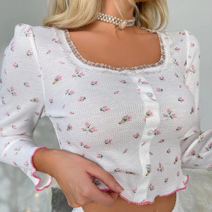 Floral square collar long - sleeved pajamas women's suit lace home clothes two - piece suit - Negative Apparel