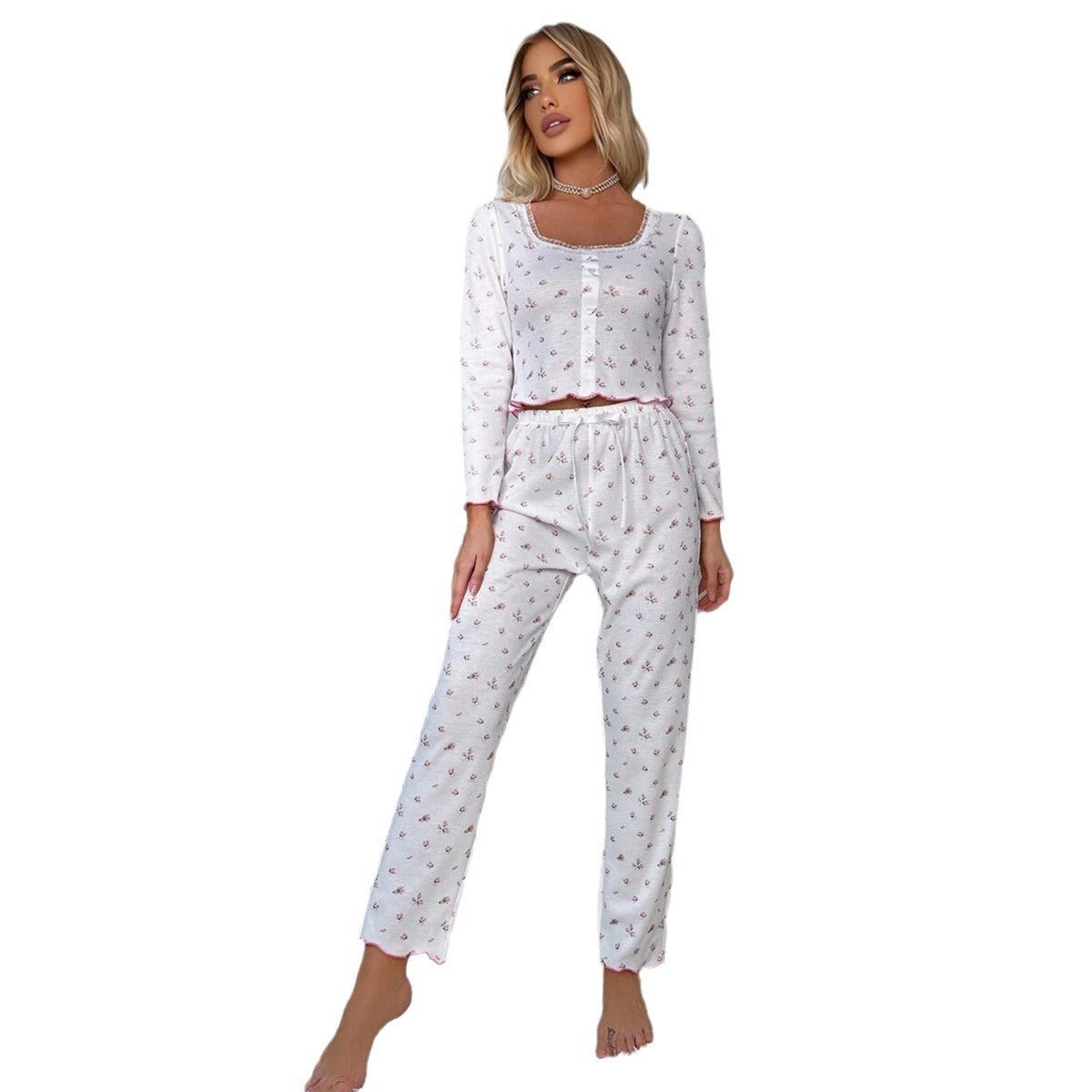 Floral square collar long - sleeved pajamas women's suit lace home clothes two - piece suit - Negative Apparel