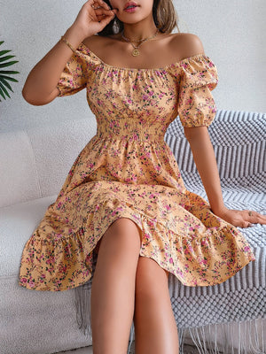 Foral square collar short sleeve waist ruffled A - line dress - Negative Apparel