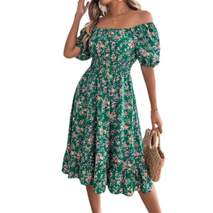 Foral square collar short sleeve waist ruffled A - line dress - Negative Apparel