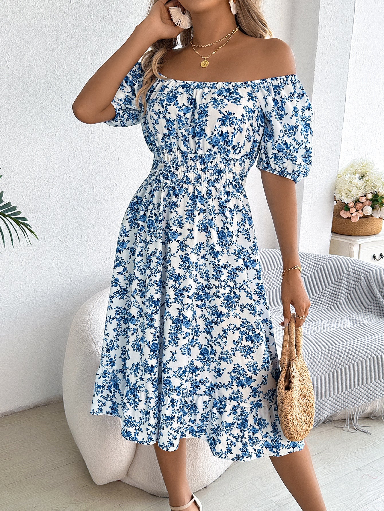 Foral square collar short sleeve waist ruffled A - line dress - Negative Apparel