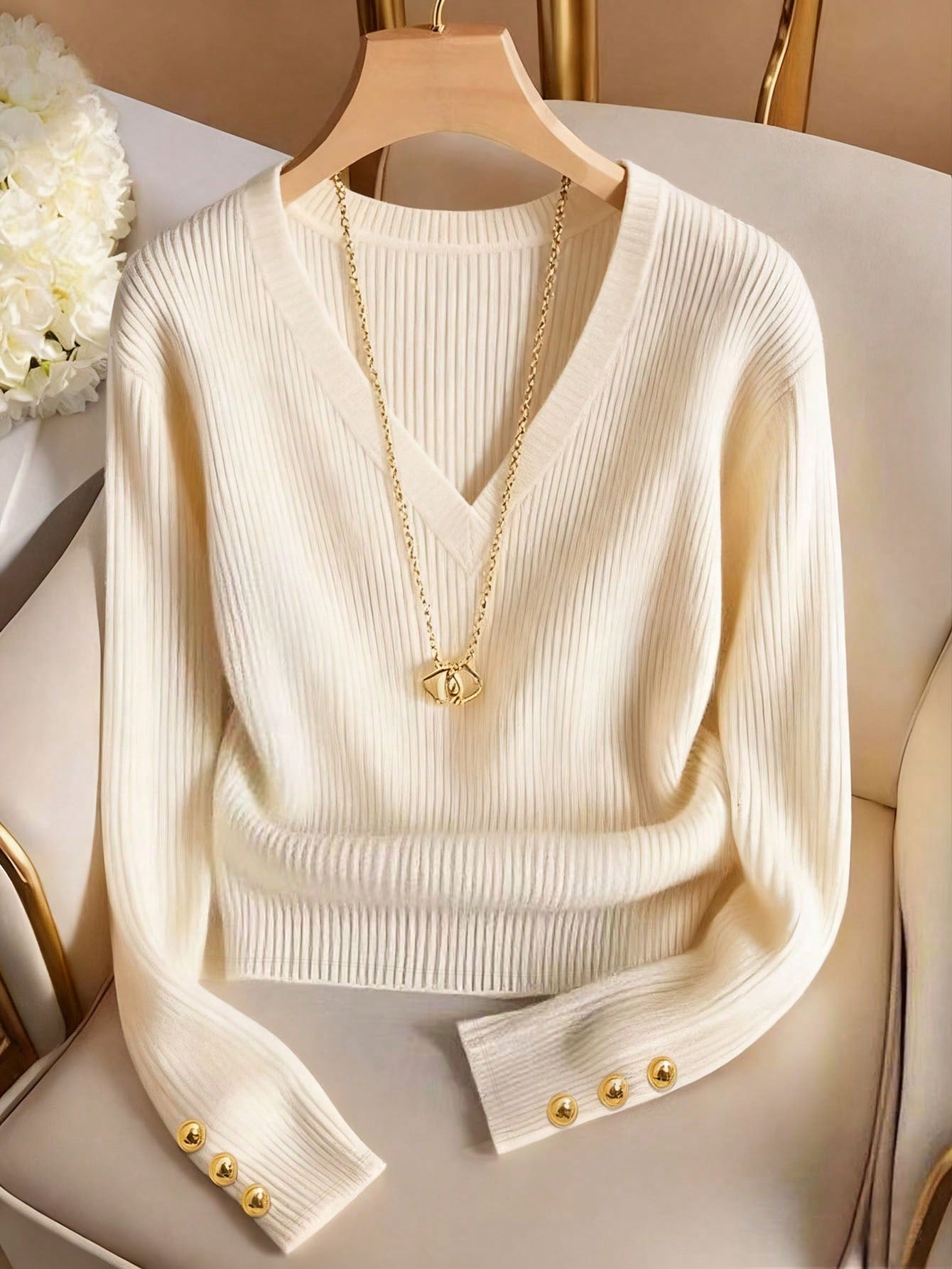 Franclia V - Neck Elegant Solid Color Knit T-Shirt, Minimalist Fashion Knit Top FD - Negative Apparel