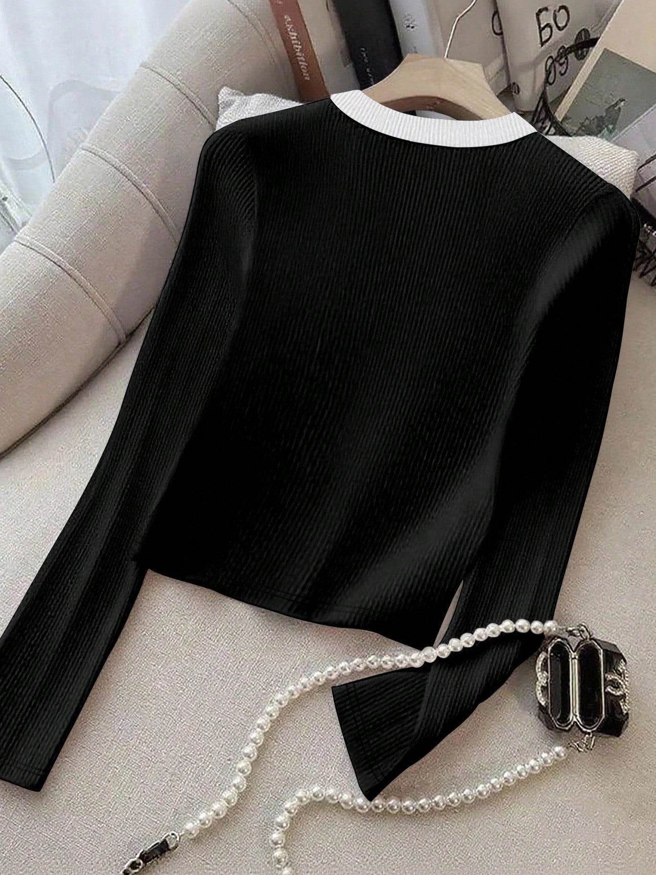 Franclia Women's Contrast Color Button V - Neck Long Sleeve Elegant T-Shirt - Negative Apparel