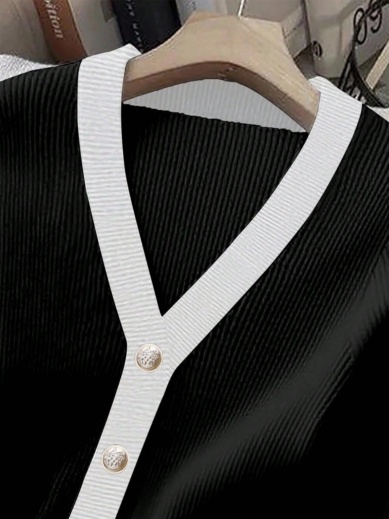 Franclia Women's Contrast Color Button V - Neck Long Sleeve Elegant T-Shirt - Negative Apparel