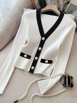 Franclia Women's Elegant Contrast Color Button Long Sleeve T-Shirt - Negative Apparel