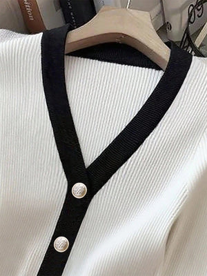 Franclia Women's Elegant Contrast Color Button Long Sleeve T-Shirt - Negative Apparel