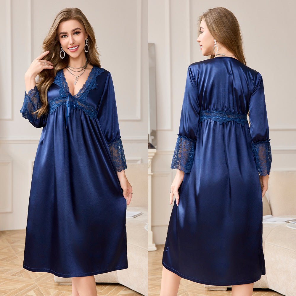 French court - style sexy nightdress women's ice silk long - sleeved V - neck lace loungewear SQ22287 - Negative Apparel