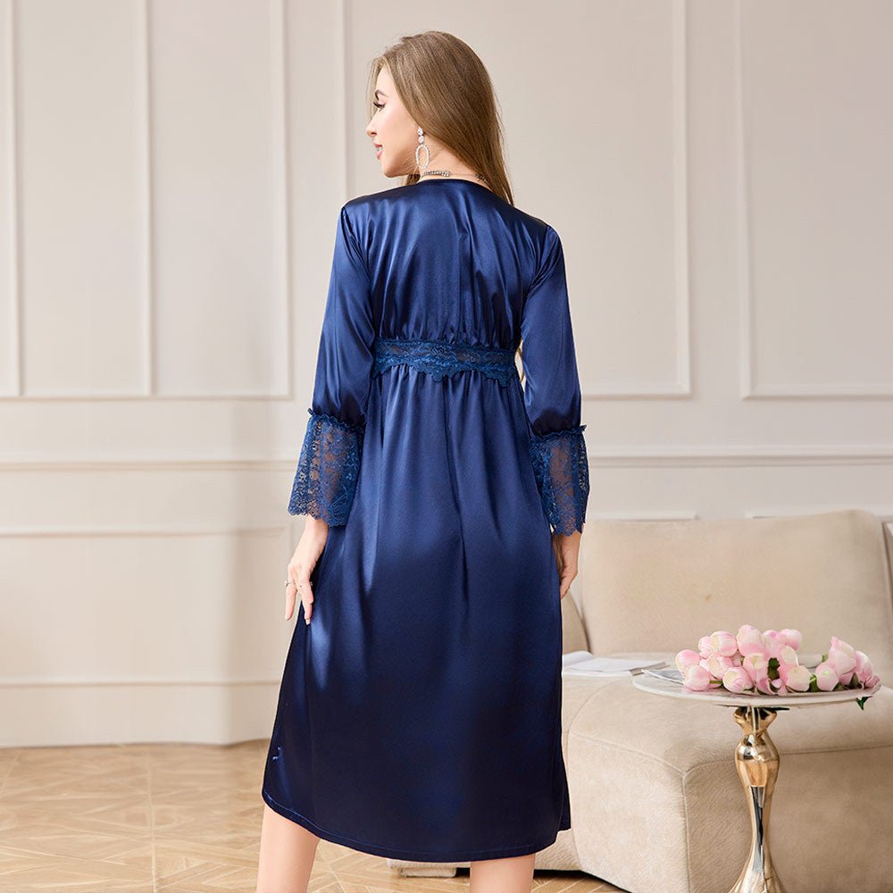 French court - style sexy nightdress women's ice silk long - sleeved V - neck lace loungewear SQ22287 - Negative Apparel
