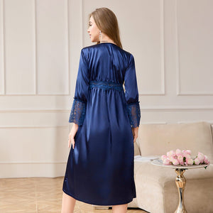 French court - style sexy nightdress women's ice silk long - sleeved V - neck lace loungewear SQ22287 - Negative Apparel