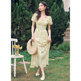 French Hepburn style artistic forest long skirt stunning square neck floral dress - Negative Apparel