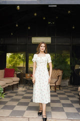 French Hepburn style artistic forest long skirt stunning square neck floral dress - Negative Apparel