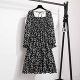 French horn - sleeved floral dress women's long - sleeved chiffon dress design sense niche coffee break skirt - Negative Apparel