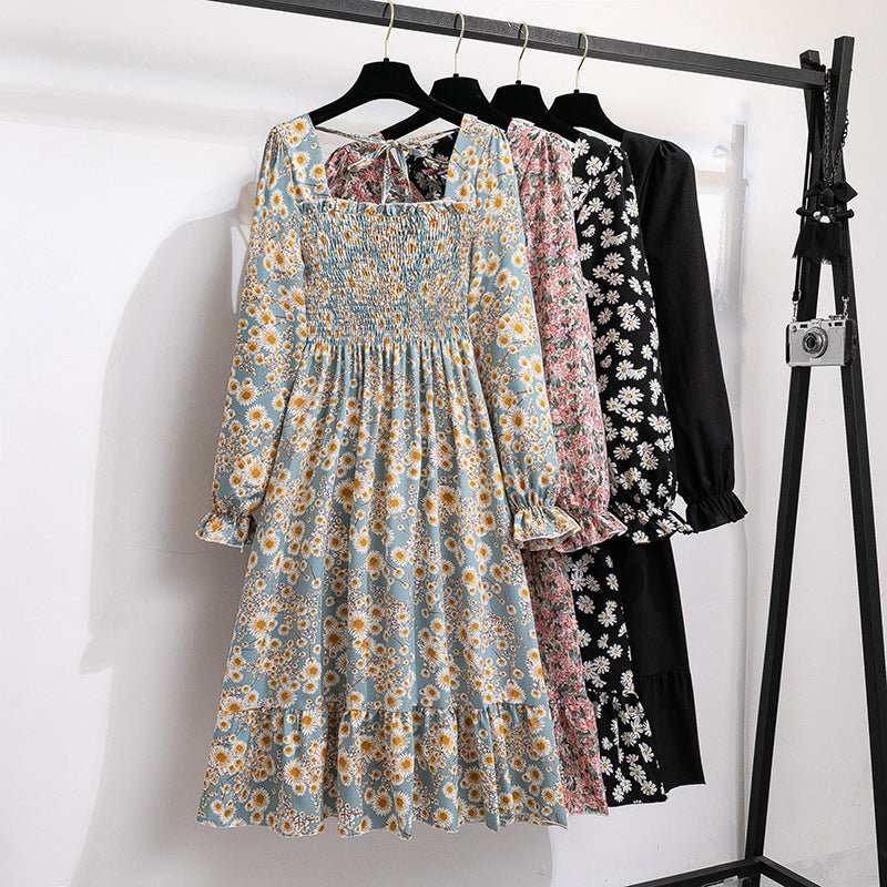 French horn - sleeved floral dress women's long - sleeved chiffon dress design sense niche coffee break skirt - Negative Apparel