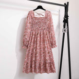 French horn - sleeved floral dress women's long - sleeved chiffon dress design sense niche coffee break skirt - Negative Apparel