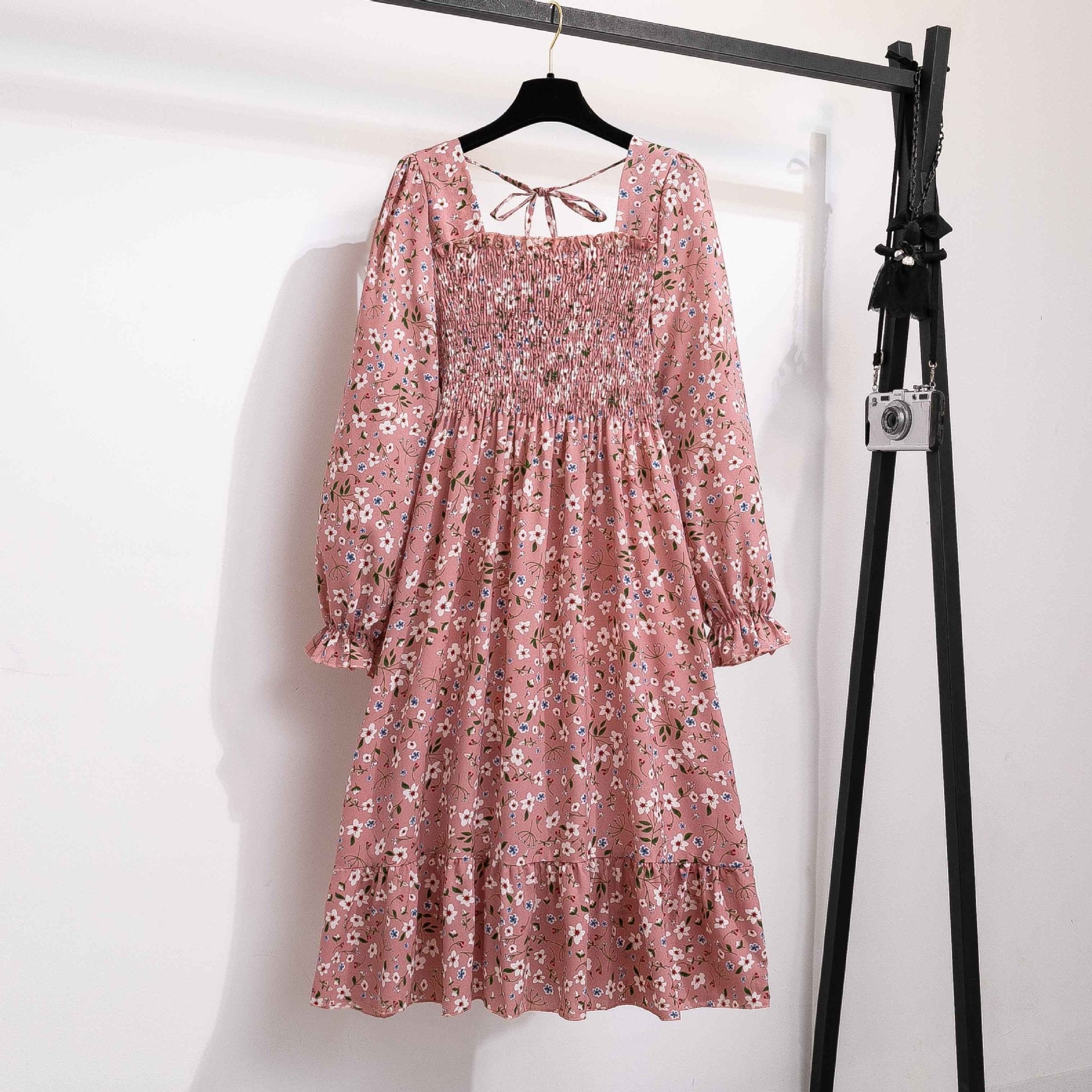 French horn - sleeved floral dress women's long - sleeved chiffon dress design sense niche coffee break skirt - Negative Apparel