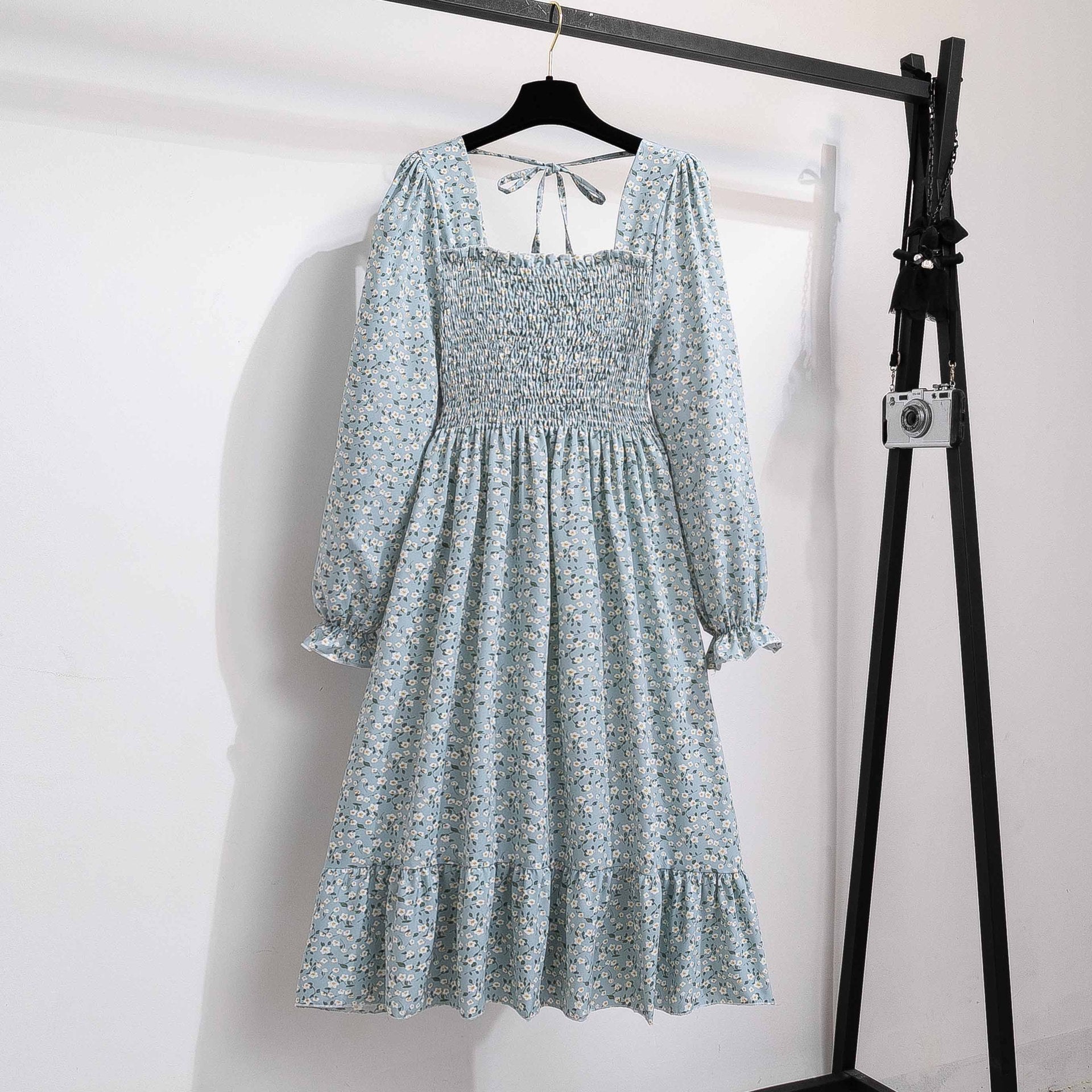 French horn - sleeved floral dress women's long - sleeved chiffon dress design sense niche coffee break skirt - Negative Apparel
