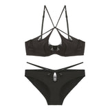 French lingerie glossy hollow eyelash lace thin soft steel ring cross strap push - up bra set - Negative Apparel