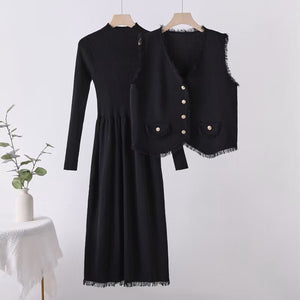 French tassel small fragrant style vest jacket dress two - piece set - Negative Apparel