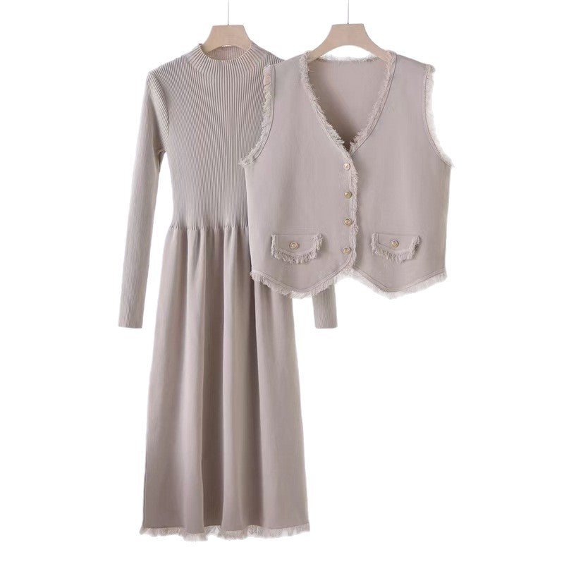 French tassel small fragrant style vest jacket dress two - piece set - Negative Apparel