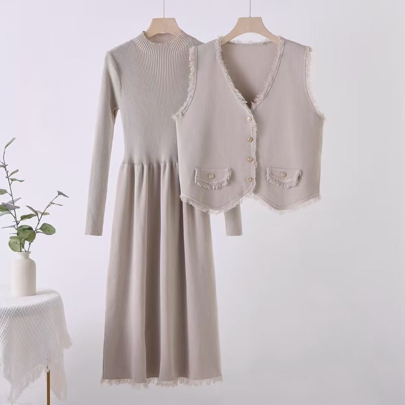 French tassel small fragrant style vest jacket dress two - piece set - Negative Apparel
