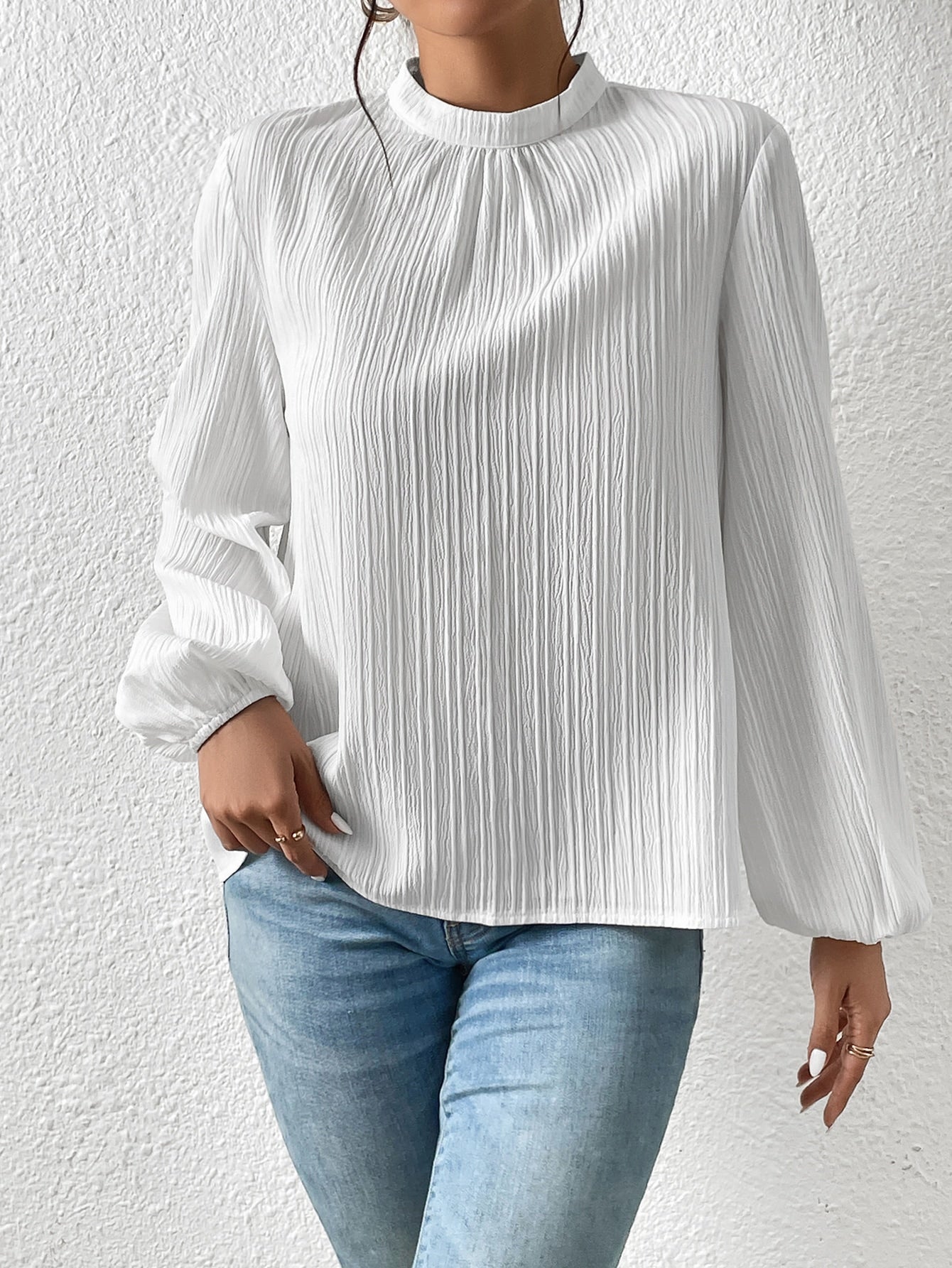 Frenchy Mock Neck Keyhole Back Blouse - Negative Apparel