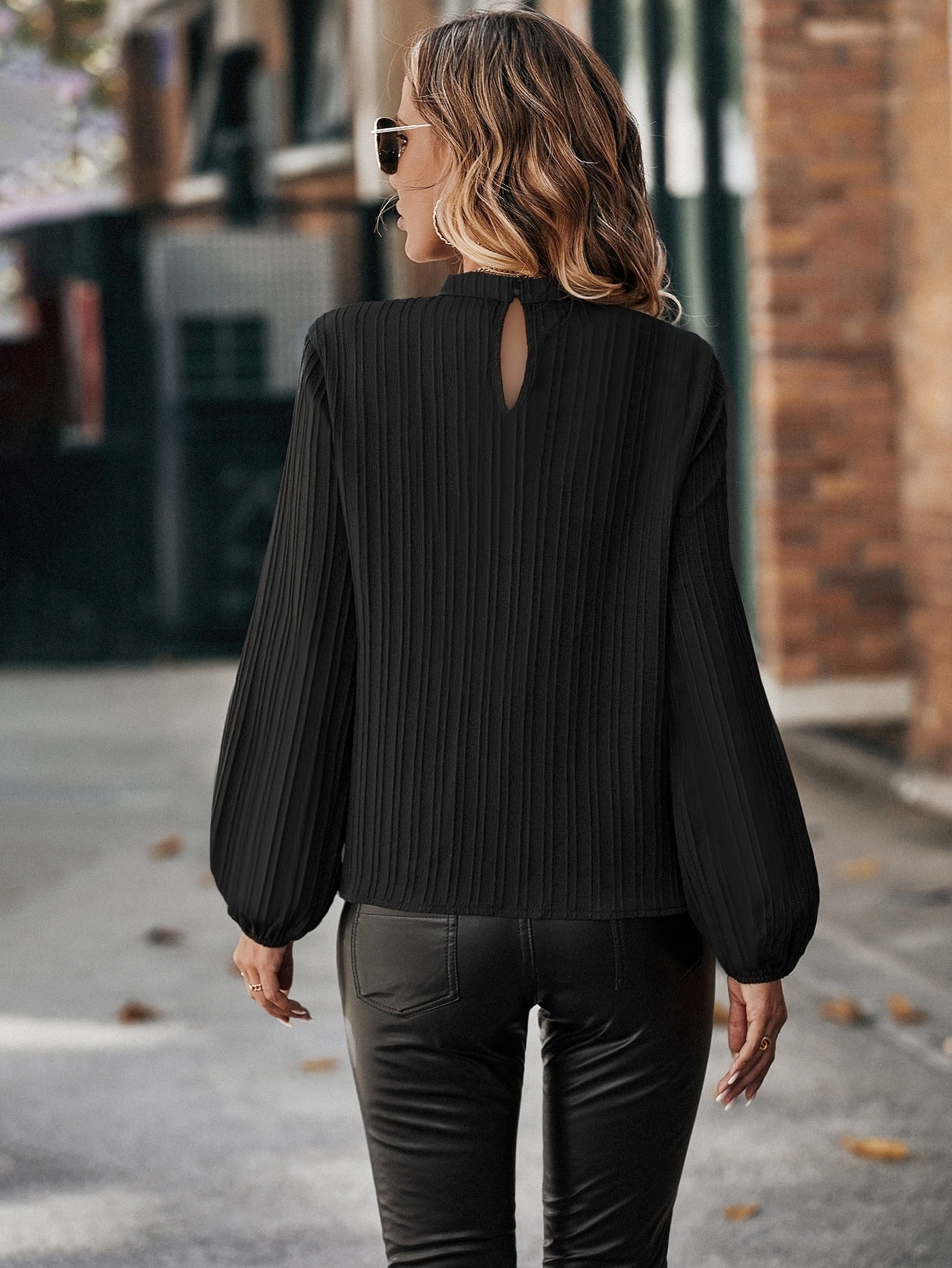 Frenchy Mock Neck Keyhole Back Blouse - Negative Apparel