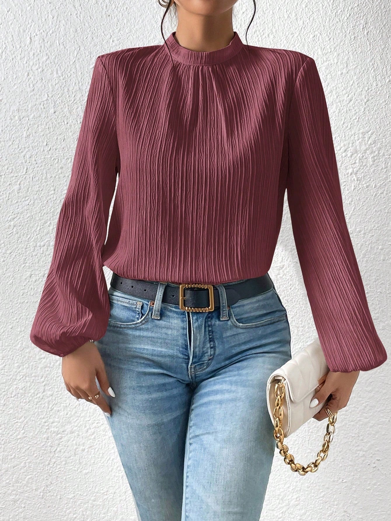 Frenchy Mock Neck Keyhole Back Blouse - Negative Apparel