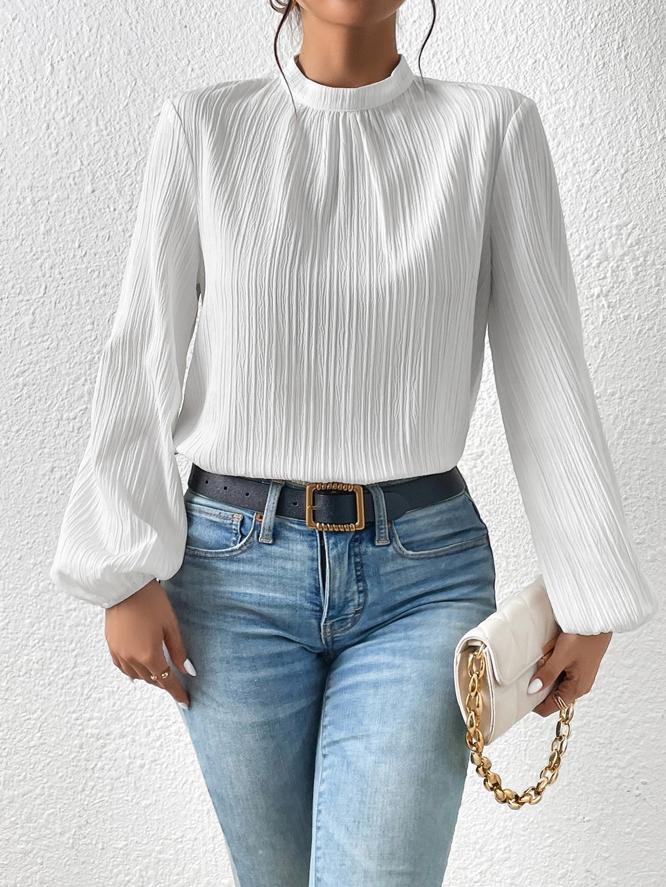 Frenchy Mock Neck Keyhole Back Blouse - Negative Apparel