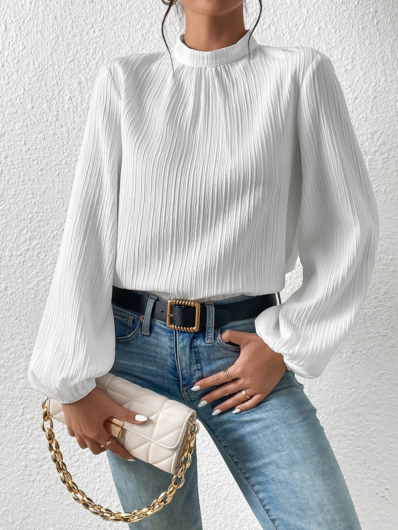 Frenchy Mock Neck Keyhole Back Blouse - Negative Apparel