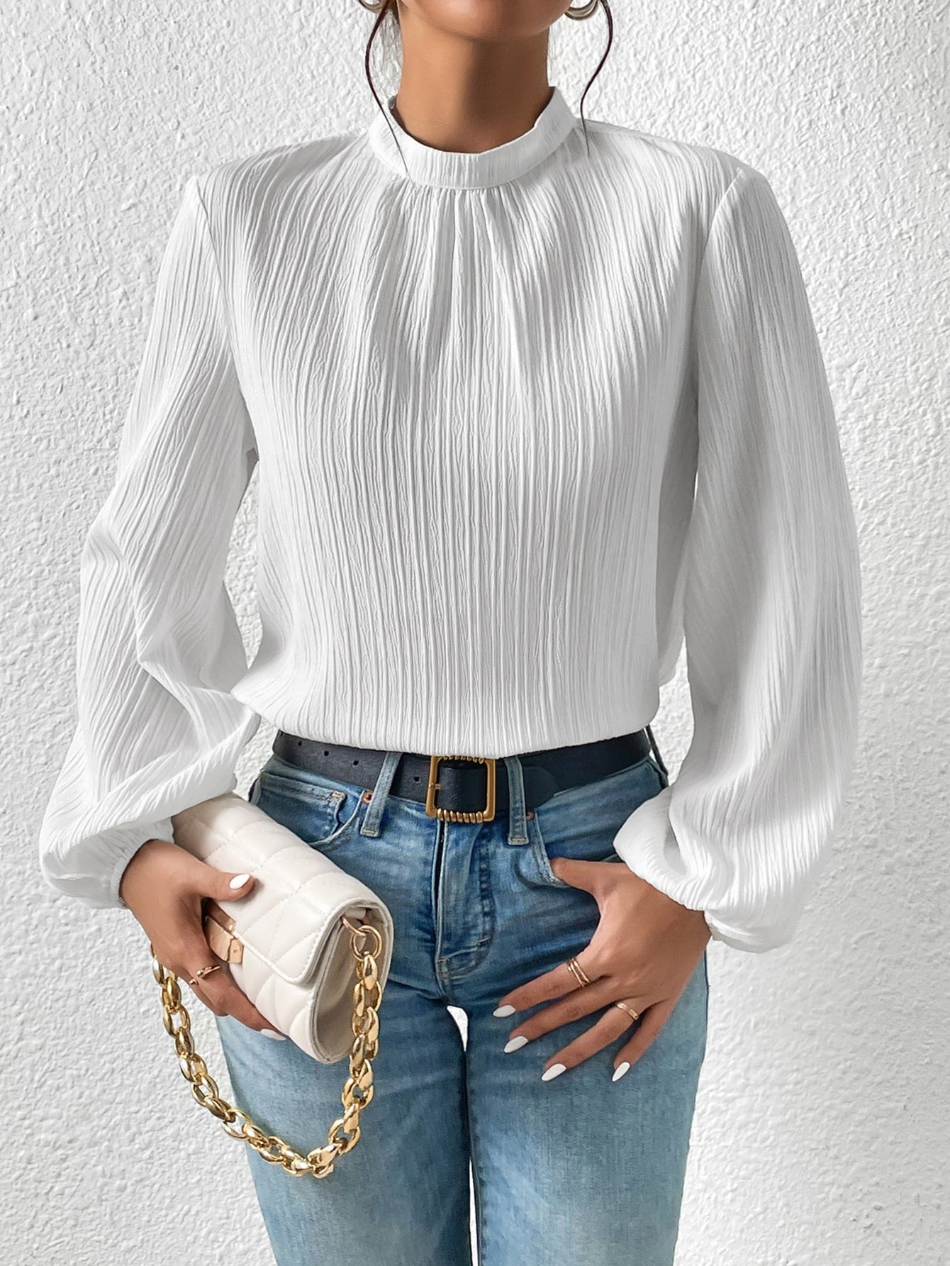 Frenchy Mock Neck Keyhole Back Blouse - Negative Apparel