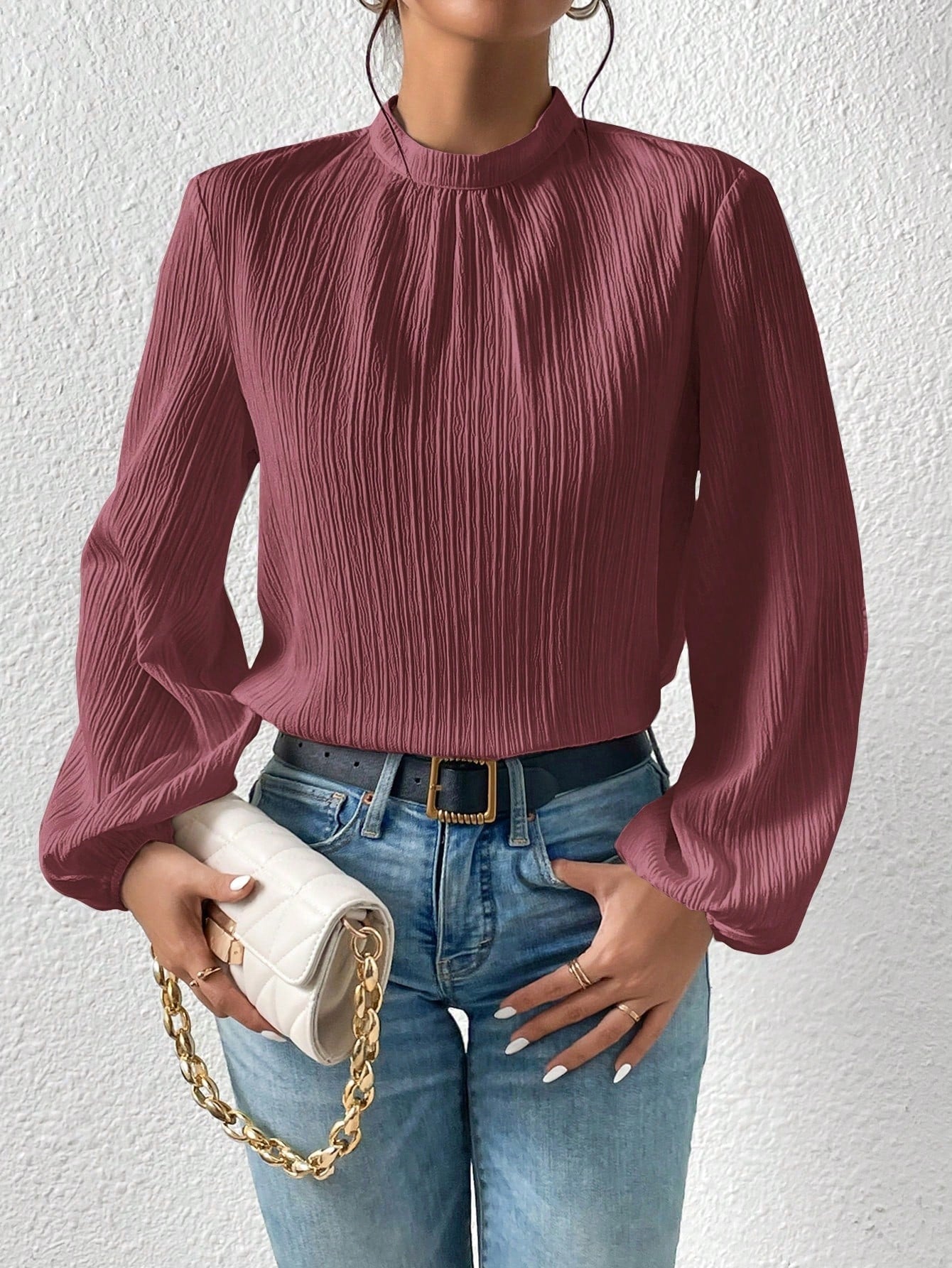 Frenchy Mock Neck Keyhole Back Blouse - Negative Apparel