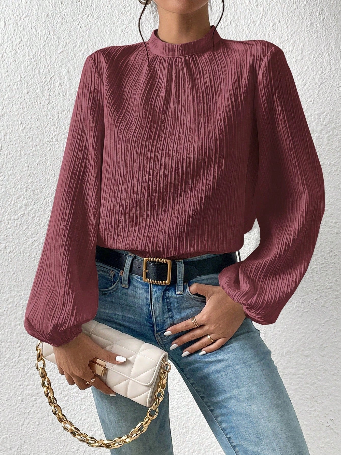 Frenchy Mock Neck Keyhole Back Blouse - Negative Apparel