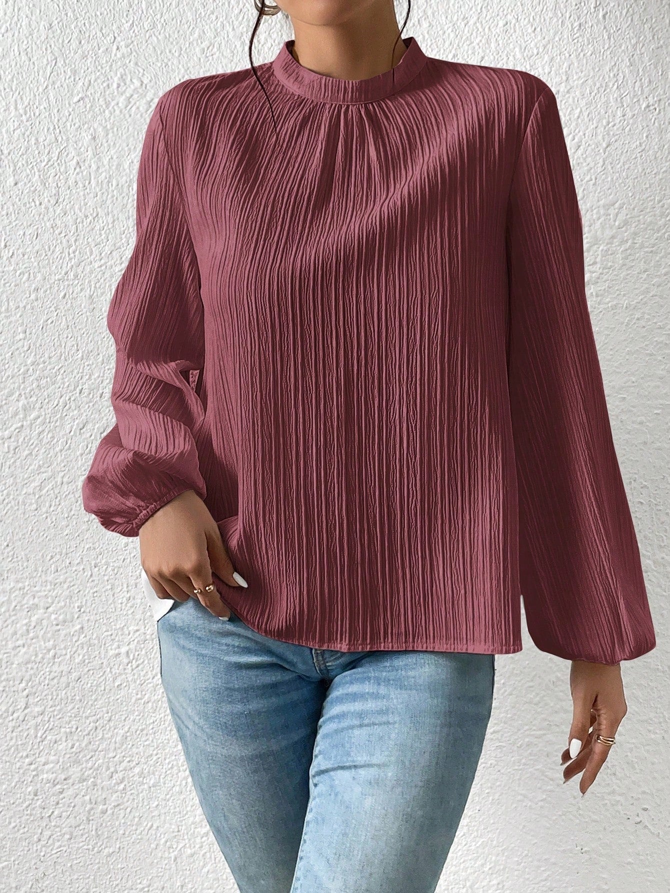 Frenchy Mock Neck Keyhole Back Blouse - Negative Apparel