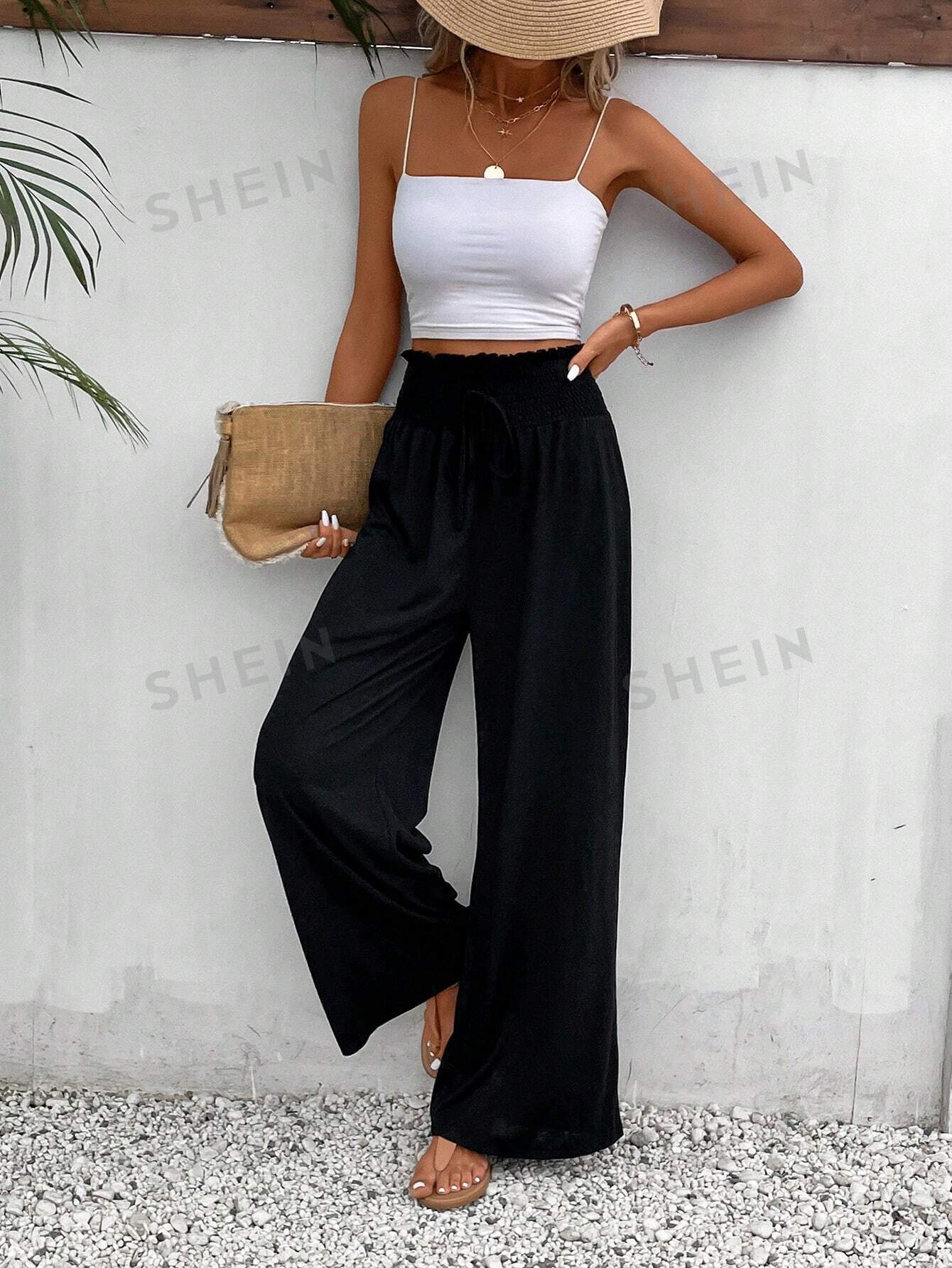 Frenchy Paperbag Waist Knot Front Wide Leg Pants - Negative Apparel