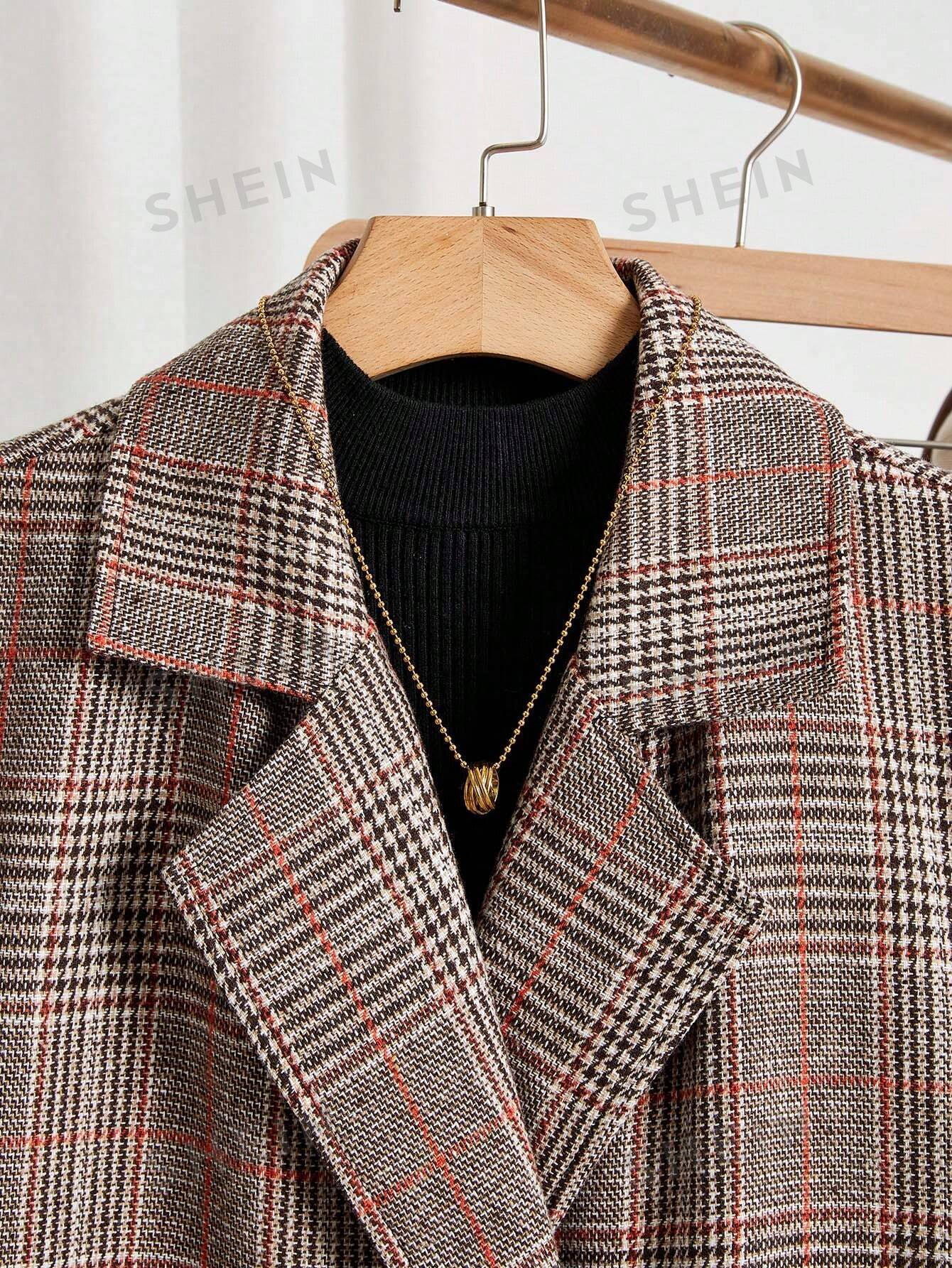 Frenchy Plaid Print Double Breasted Lapel Neck Coat - Negative Apparel