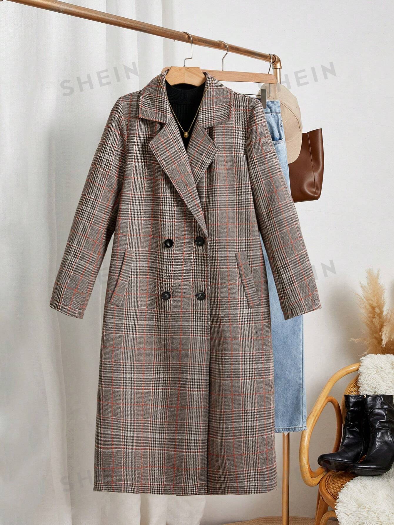 Frenchy Plaid Print Double Breasted Lapel Neck Coat - Negative Apparel