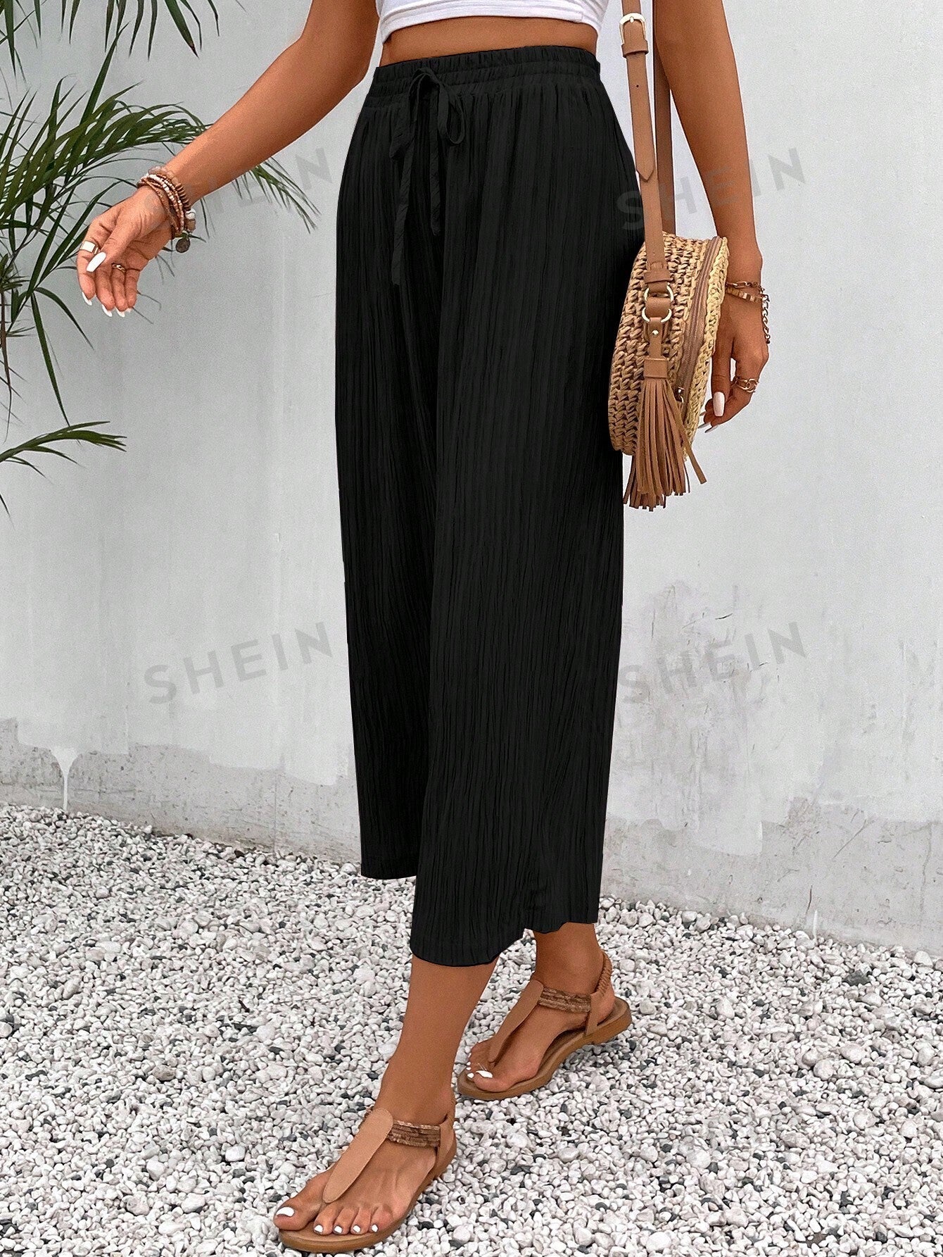 Frenchy Solid Knot Waist Wide Leg Pants - Negative Apparel
