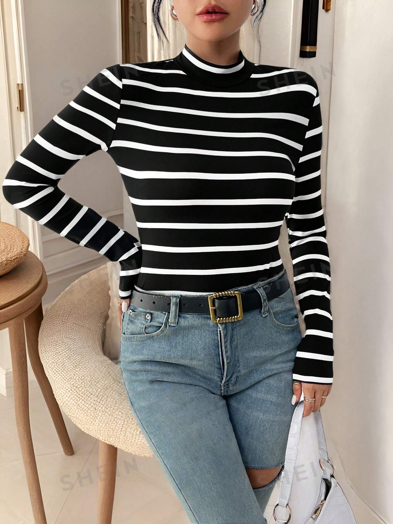 Frenchy Striped Mock Neck Tee,Commute,Minimalist,Office,Old Money,Simple - Negative Apparel