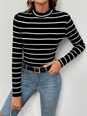 Frenchy Striped Mock Neck Tee,Commute,Minimalist,Office,Old Money,Simple - Negative Apparel