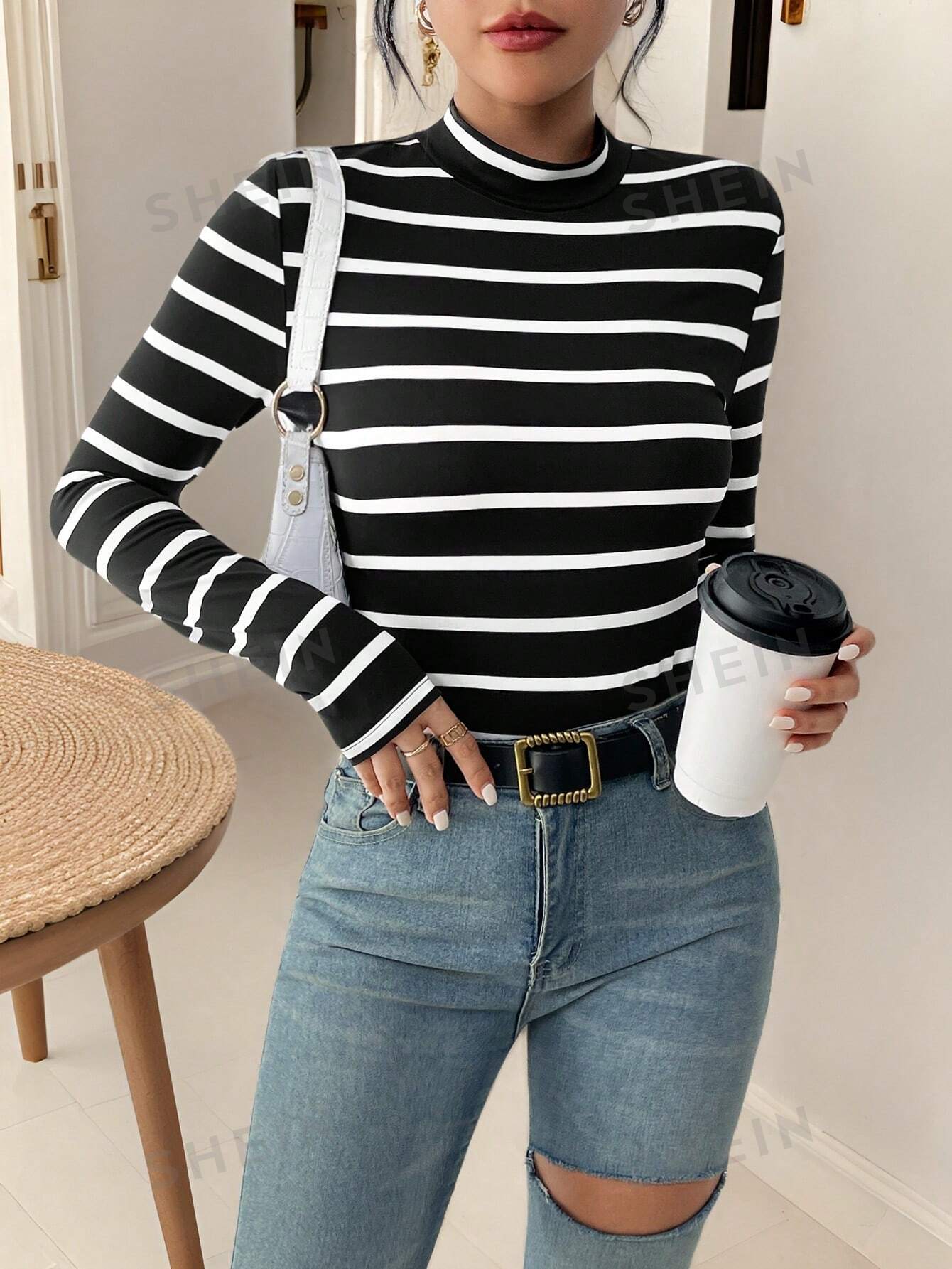 Frenchy Striped Mock Neck Tee,Commute,Minimalist,Office,Old Money,Simple - Negative Apparel