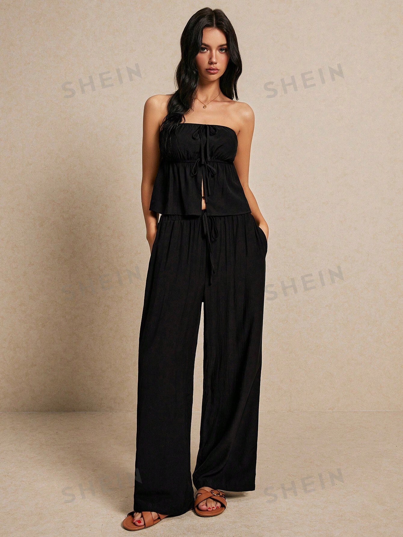 Frenchy Summer Black Fashion Linen Two - Piece Set, Chest Is Top Chest Slit Lacing + Wide Leg Trousers Linen Two - Piece Set, Wear Comfortable And Breathable, Suitable For Commuting Holiday Home Wear Casual Solid Color Strapless Crop Top And Long Pants Set W - Negative Apparel