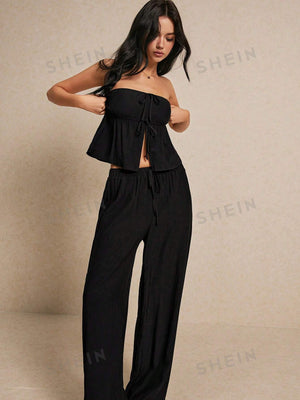 Frenchy Summer Black Fashion Linen Two - Piece Set, Chest Is Top Chest Slit Lacing + Wide Leg Trousers Linen Two - Piece Set, Wear Comfortable And Breathable, Suitable For Commuting Holiday Home Wear Casual Solid Color Strapless Crop Top And Long Pants Set W - Negative Apparel