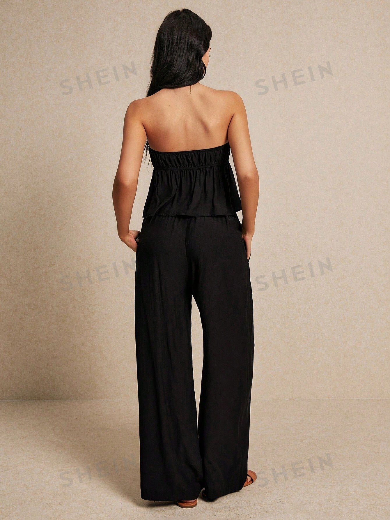 Frenchy Summer Black Fashion Linen Two - Piece Set, Chest Is Top Chest Slit Lacing + Wide Leg Trousers Linen Two - Piece Set, Wear Comfortable And Breathable, Suitable For Commuting Holiday Home Wear Casual Solid Color Strapless Crop Top And Long Pants Set W - Negative Apparel