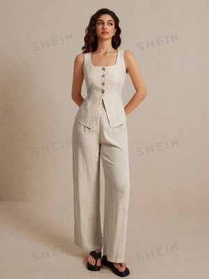 Frenchy Summer Linen Color Linen Suit Vest Two - Piece Set Ladies Fashionable Plain Button Contrast Color Sleeveless Top And Trousers Set Wear Comfortable Fabric Breathable Soft Suitable For Commuting Daily Holiday Wear - Negative Apparel