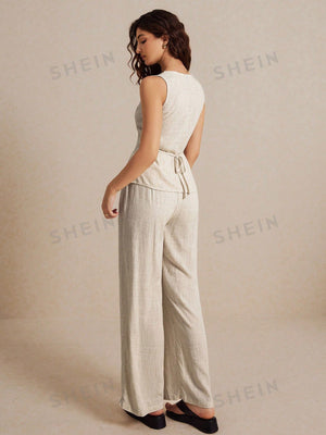 Frenchy Summer Linen Color Linen Suit Vest Two - Piece Set Ladies Fashionable Plain Button Contrast Color Sleeveless Top And Trousers Set Wear Comfortable Fabric Breathable Soft Suitable For Commuting Daily Holiday Wear - Negative Apparel