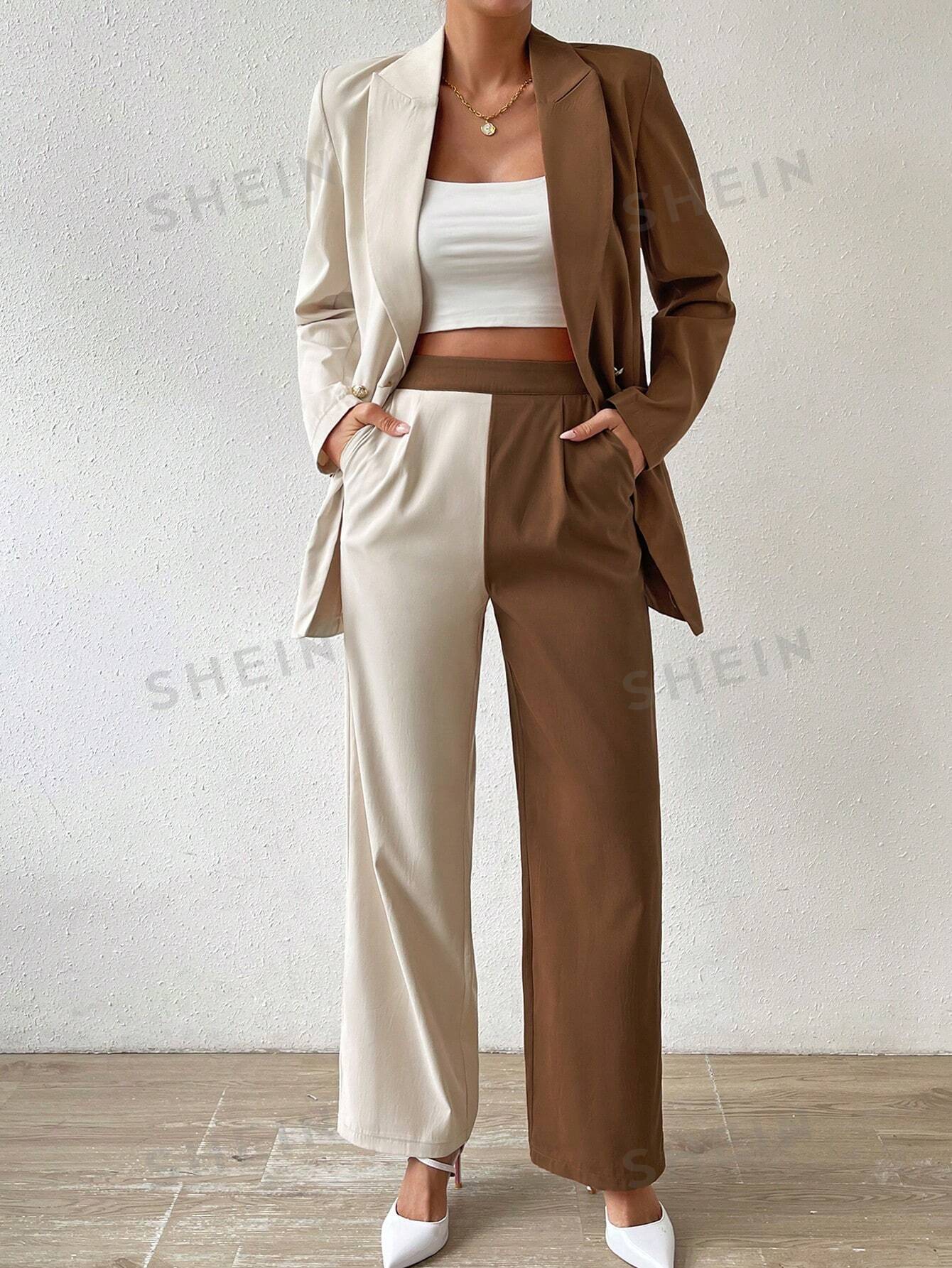 Frenchy Two Tone Double Button Blazer & Suit Pants - Negative Apparel